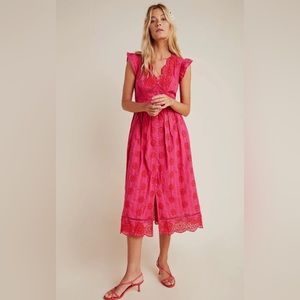 Anthropologie Ranna Gill Midi Tomine Eyelet Dress Large Hot Pink